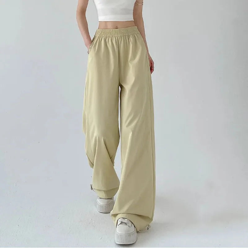 American Style Streetwear Y2K Cargo Pants Women Summer Breathable Baggy Quick Drying Sweatpants Solid Casual Wide Leg Trousers