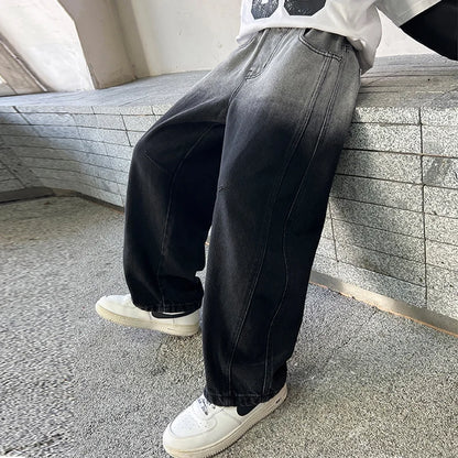 Child y2k Retro Black Wash Jeans For Boy Distressed Gradient Design High Waist Loose Wide Leg Denim Pants Fashion Kids Trousers