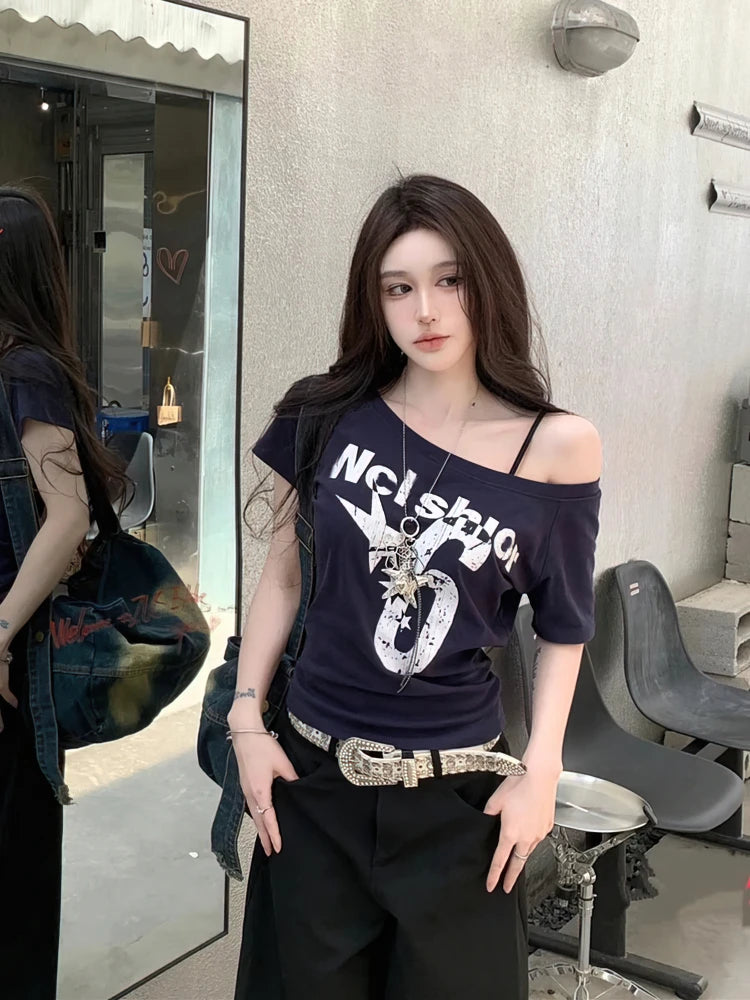 Y2k Sport Summer Off Shoulder Top Women Sexy Vintage 2000s Short Sleeve T Shirt Lady Body Basic Crop Top Female Casual