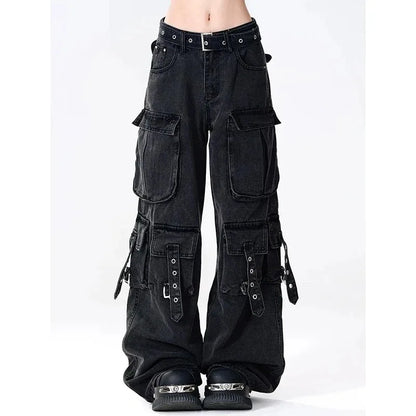 Y2K Black Cargo Pants for Women Straight Leg Jean Edgy Style Pocket Trousers Streetwear 2000s Aesthetic Grunge Pants Pantalones