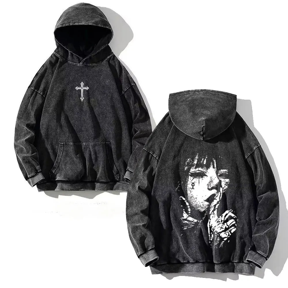 Y2K Washed Hoodies Vintage Cotton Women Men Skull Cross Print Hooded Sweatshirts Oversize Hip Hop Male Pullover Winter Clothes