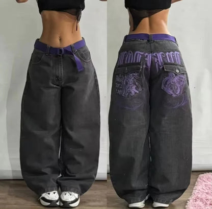 Y2K Vintage New Pattern Letters Embroidered Yellow Washed Jeans Women Rock Casual Joker Wide-leg High Waist Trousers