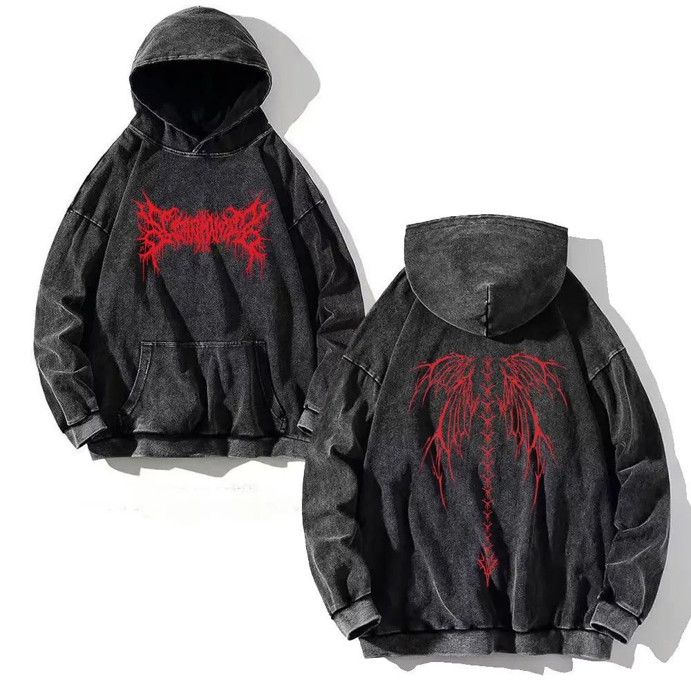 Y2K Washed Hoodies Vintage Cotton Women Men Skull Cross Print Hooded Sweatshirts Oversize Hip Hop Male Pullover Winter Clothes