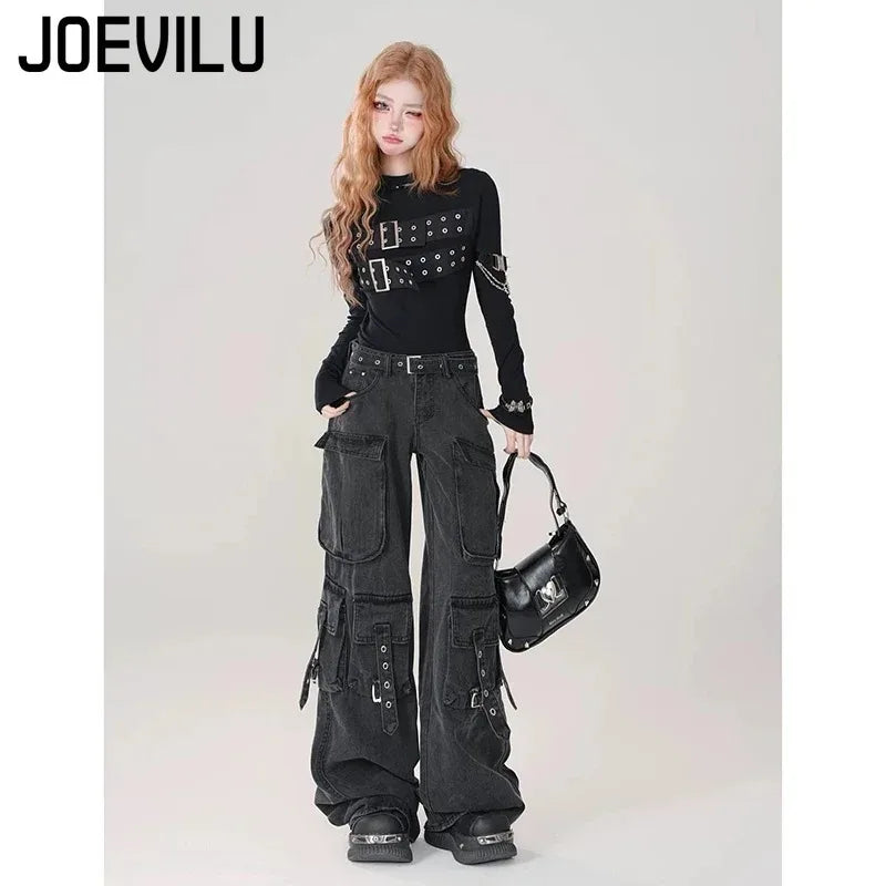 Y2K Black Cargo Pants for Women Straight Leg Jean Edgy Style Pocket Trousers Streetwear 2000s Aesthetic Grunge Pants Pantalones