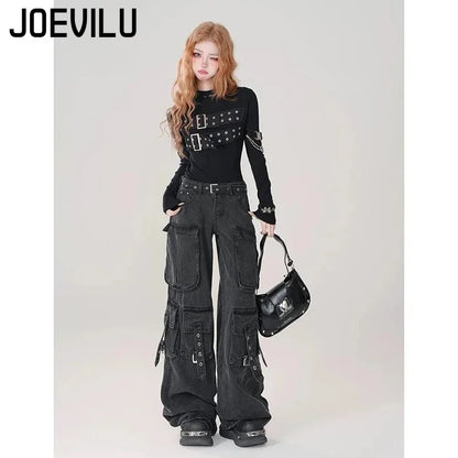 Y2K Black Cargo Pants for Women Straight Leg Jean Edgy Style Pocket Trousers Streetwear 2000s Aesthetic Grunge Pants Pantalones