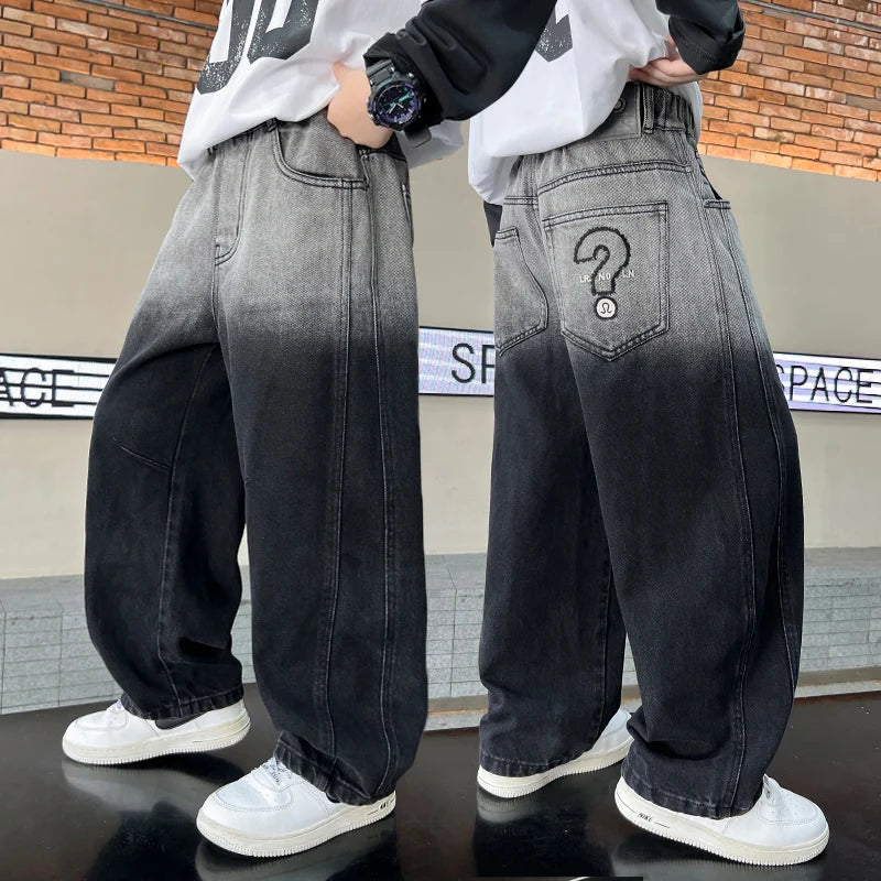 Child y2k Retro Black Wash Jeans For Boy Distressed Gradient Design High Waist Loose Wide Leg Denim Pants Fashion Kids Trousers