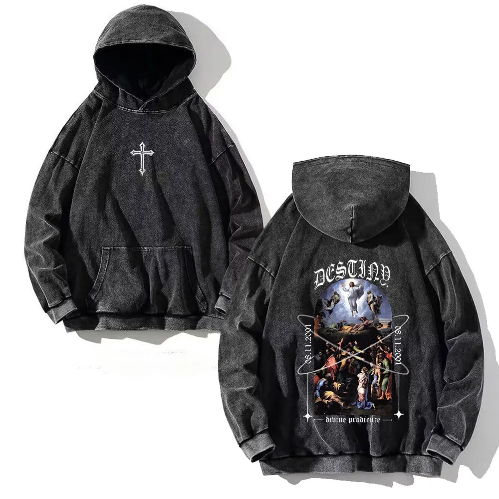 Y2K Washed Hoodies Vintage Cotton Women Men Skull Cross Print Hooded Sweatshirts Oversize Hip Hop Male Pullover Winter Clothes