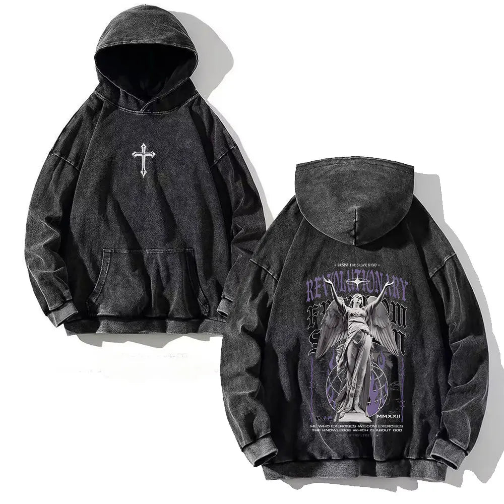 Y2K Washed Hoodies Vintage Cotton Women Men Skull Cross Print Hooded Sweatshirts Oversize Hip Hop Male Pullover Winter Clothes