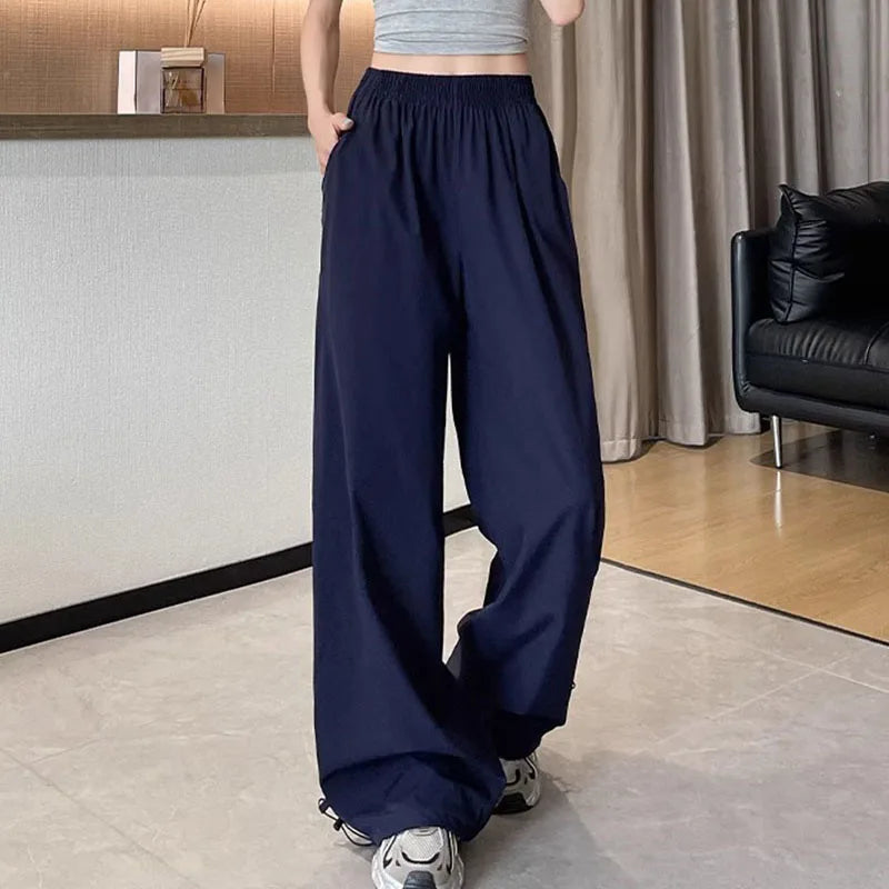 American Style Streetwear Y2K Cargo Pants Women Summer Breathable Baggy Quick Drying Sweatpants Solid Casual Wide Leg Trousers
