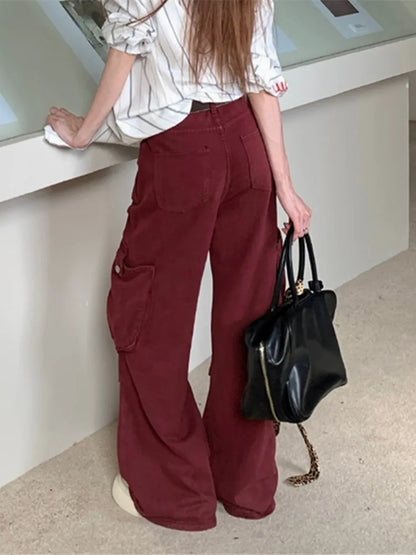 Wine Red Multi Pockets Baggy Jeans Pants For Women