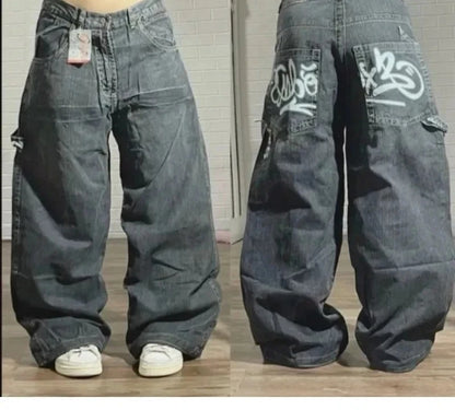 Y2K Vintage New Pattern Letters Embroidered Yellow Washed Jeans Women Rock Casual Joker Wide-leg High Waist Trousers