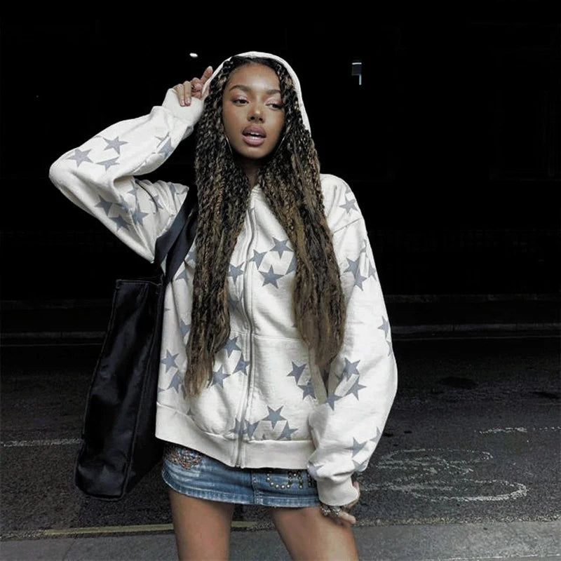 Y2K Hoodies Women Harajuku Star Print Loose Sweatshirt Trousers Hip Hop Punk Long Sleeve Pocket Men Tops Sweatpant Streetwear