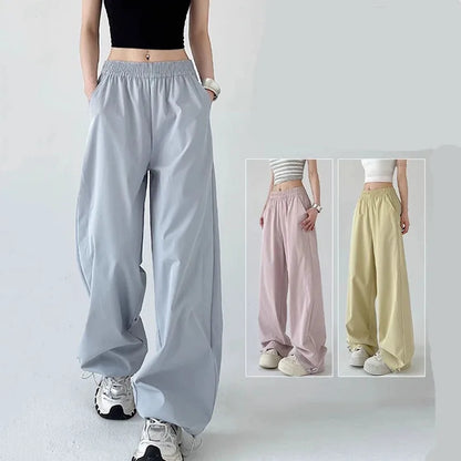 American Style Streetwear Y2K Cargo Pants Women Summer Breathable Baggy Quick Drying Sweatpants Solid Casual Wide Leg Trousers