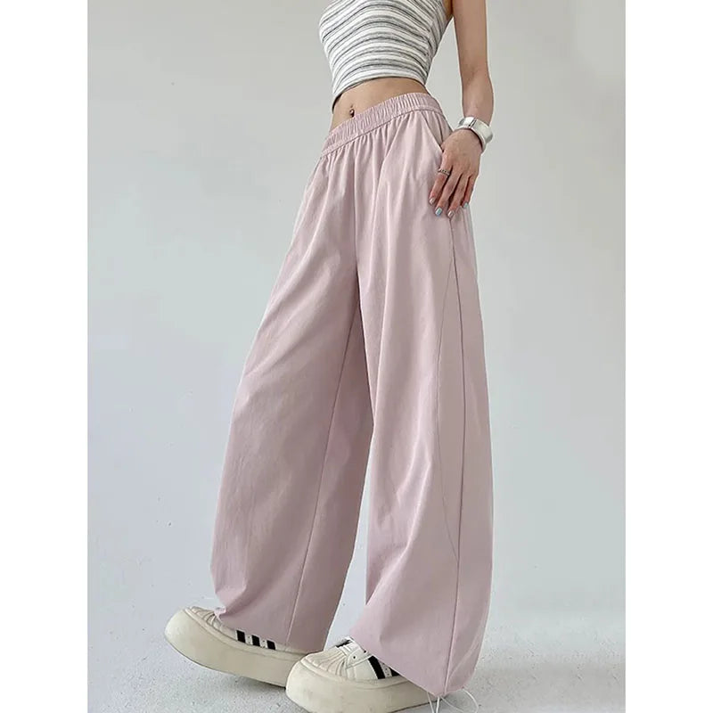 American Style Streetwear Y2K Cargo Pants Women Summer Breathable Baggy Quick Drying Sweatpants Solid Casual Wide Leg Trousers