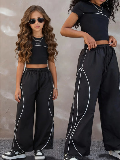 Y2k Summer Street Style Casual Outfit for Teenage Girls: Black T-Shirt + Color-Blocked Wide-Leg Pants Two-Piece Set Streetwear
