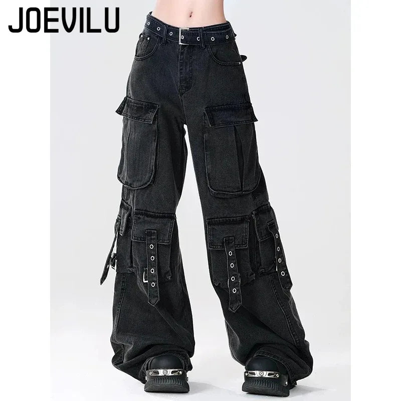 Y2K Black Cargo Pants for Women Straight Leg Jean Edgy Style Pocket Trousers Streetwear 2000s Aesthetic Grunge Pants Pantalones