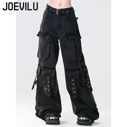 Y2K Black Cargo Pants for Women Straight Leg Jean Edgy Style Pocket Trousers Streetwear 2000s Aesthetic Grunge Pants Pantalones