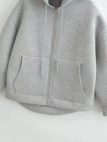 Veste oversize femme zippée à capuche gris style streetwear automne-hiver