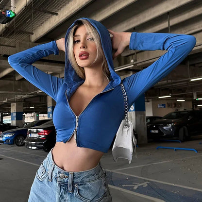 Solid Hooded Y2k Top For Women Clothing Zipper Short T Shirts Long Sleeve Roupas Femininas Estilosas Slim Sexy Streetwear Autumn