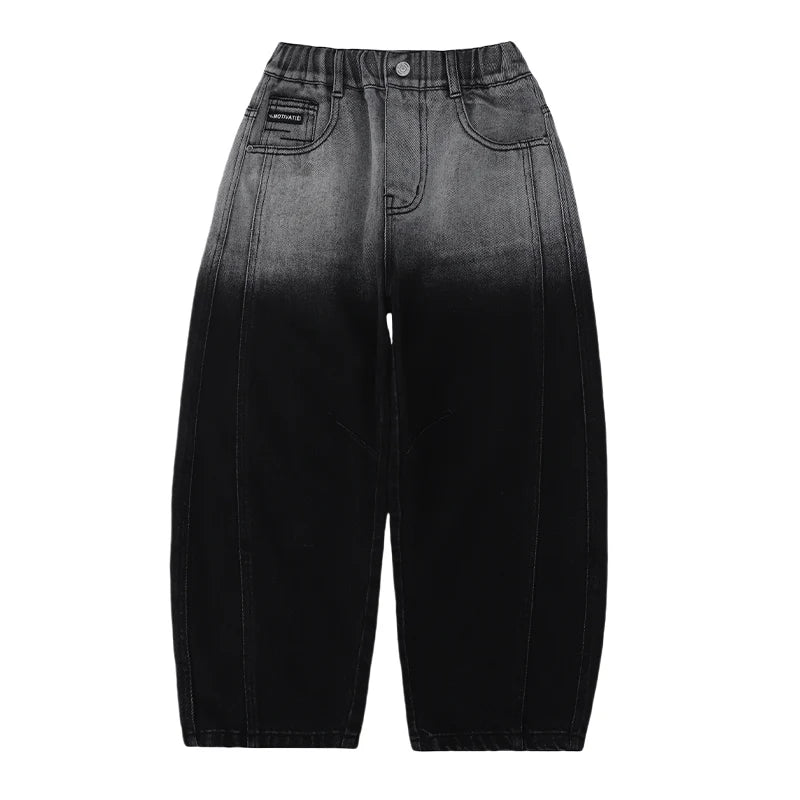 Child y2k Retro Black Wash Jeans For Boy Distressed Gradient Design High Waist Loose Wide Leg Denim Pants Fashion Kids Trousers