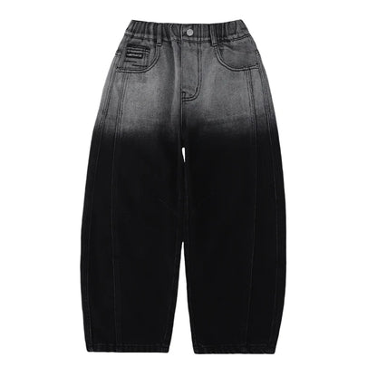 Child y2k Retro Black Wash Jeans For Boy Distressed Gradient Design High Waist Loose Wide Leg Denim Pants Fashion Kids Trousers