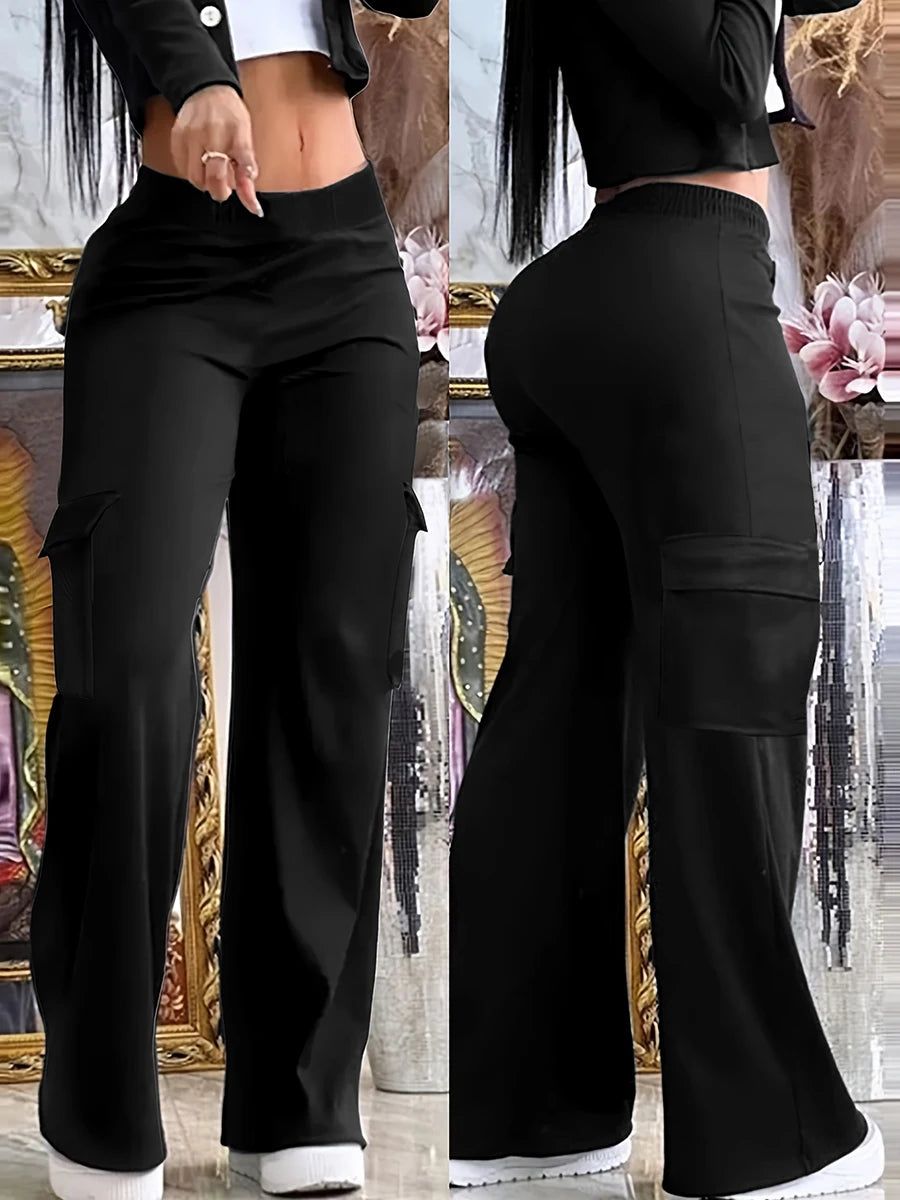 Women Y2K Cargo Pants Black Baggy Trousers With Pockets Casual Streetwear Wide Leg Straight Pants Korean Fashion Spring Autumn
