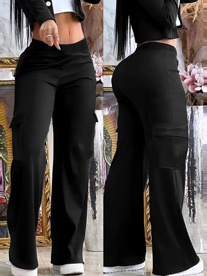 Women Y2K Cargo Pants Black Baggy Trousers With Pockets Casual Streetwear Wide Leg Straight Pants Korean Fashion Spring Autumn