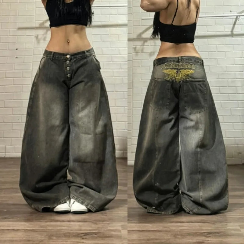 Y2K Vintage New Pattern Letters Embroidered Yellow Washed Jeans Women Rock Casual Joker Wide-leg High Waist Trousers