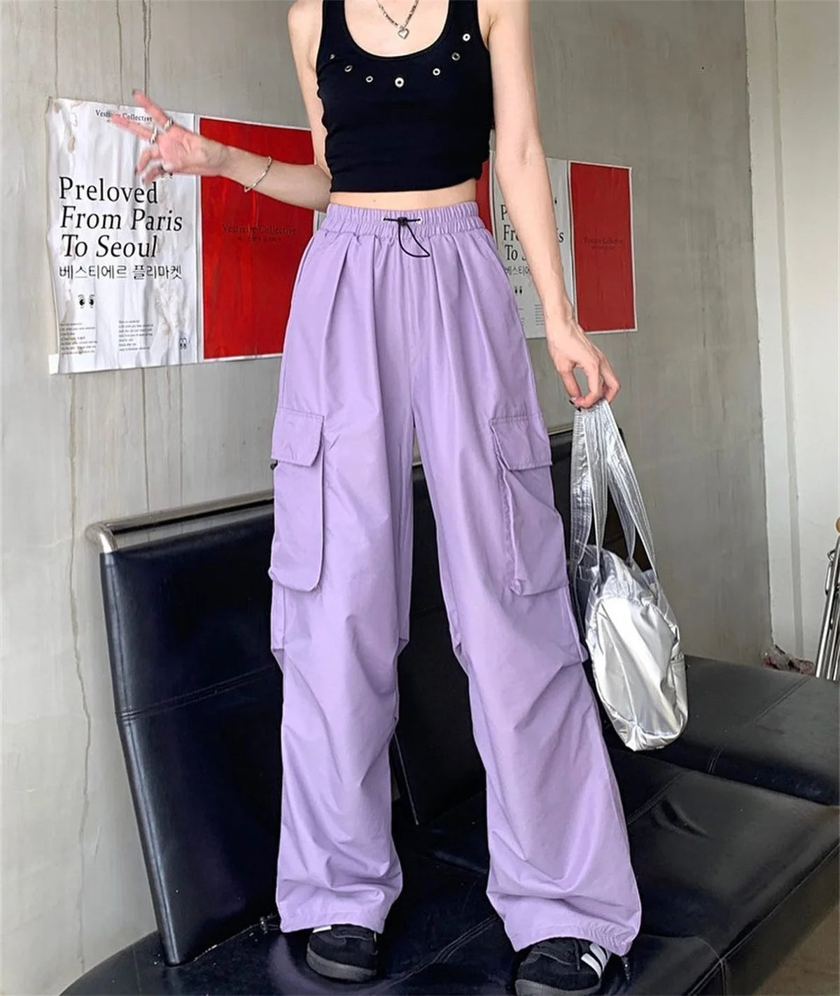 Women Y2K Cargo Pants High Waist Streetwear Hip Hop Trousers Female Big Pockets Casual Low Waist Drawstring Baggy Sweatpants