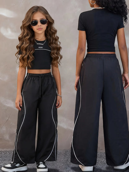 Y2k Summer Street Style Casual Outfit for Teenage Girls: Black T-Shirt + Color-Blocked Wide-Leg Pants Two-Piece Set Streetwear