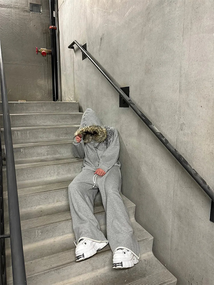 Y2K Streetwear Hoodie – Col Fausse Fourrure et Design Graphique