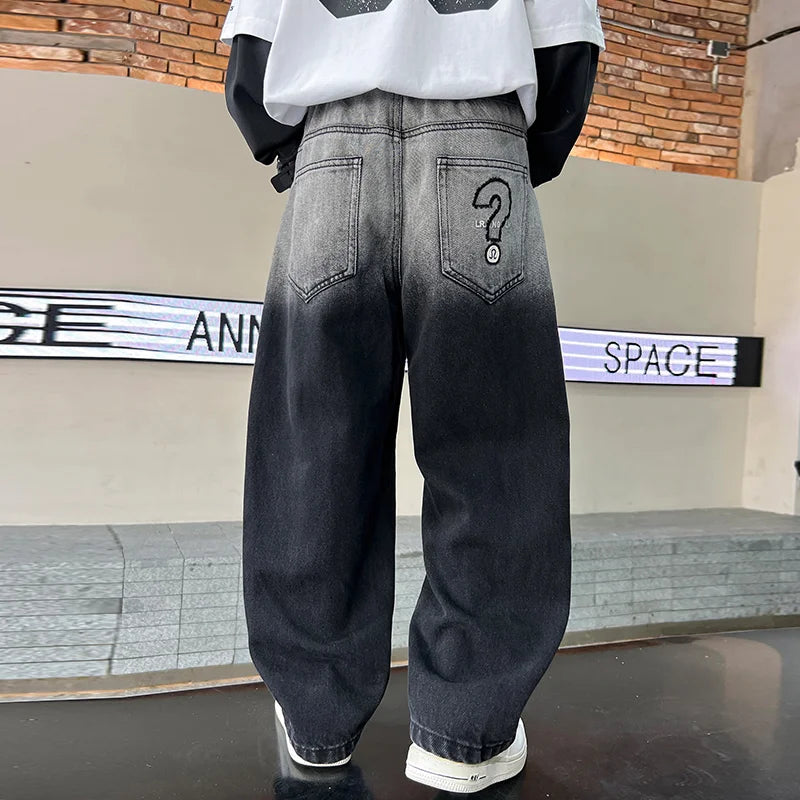 Child y2k Retro Black Wash Jeans For Boy Distressed Gradient Design High Waist Loose Wide Leg Denim Pants Fashion Kids Trousers