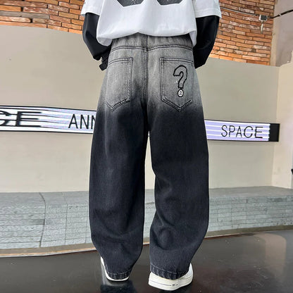 Child y2k Retro Black Wash Jeans For Boy Distressed Gradient Design High Waist Loose Wide Leg Denim Pants Fashion Kids Trousers