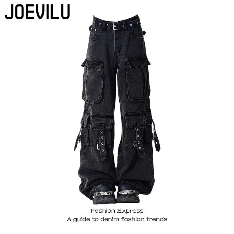 Y2K Black Cargo Pants for Women Straight Leg Jean Edgy Style Pocket Trousers Streetwear 2000s Aesthetic Grunge Pants Pantalones