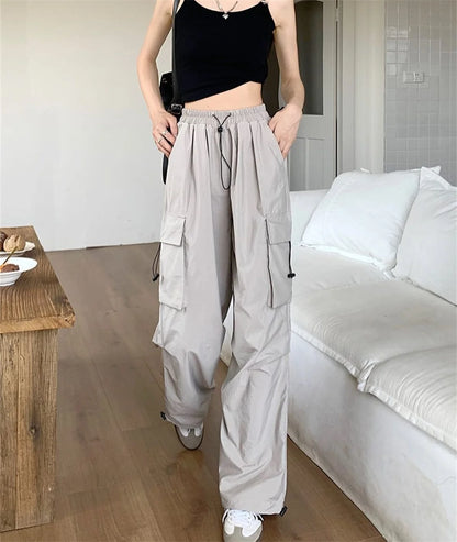 Women Y2K Cargo Pants High Waist Streetwear Hip Hop Trousers Female Big Pockets Casual Low Waist Drawstring Baggy Sweatpants