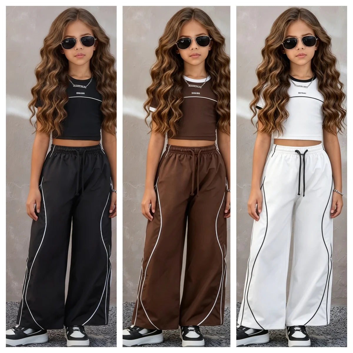 Y2k Summer Street Style Casual Outfit for Teenage Girls: Black T-Shirt + Color-Blocked Wide-Leg Pants Two-Piece Set Streetwear
