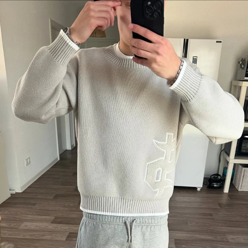 Oversized Sweater – Y2K Grey Graphic Streetwear Pullover for Men