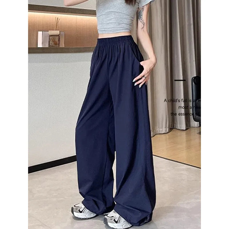 American Style Streetwear Y2K Cargo Pants Women Summer Breathable Baggy Quick Drying Sweatpants Solid Casual Wide Leg Trousers