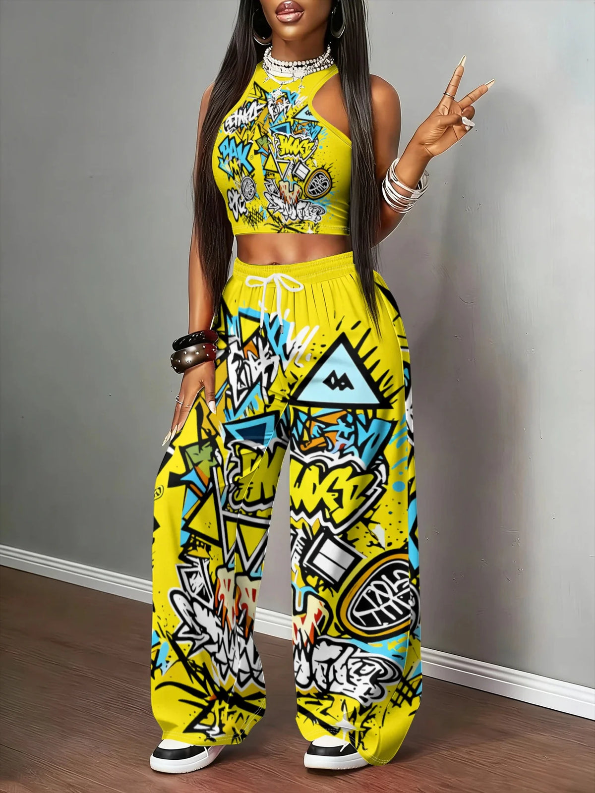 2026 Summer New Trend Y2K Graffiti Print Pants for Women - Casual Drawstring Wide Leg Trousers for Streetwear & Daily Wear