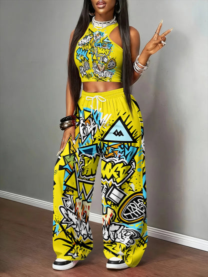 2026 Summer New Trend Y2K Graffiti Print Pants for Women - Casual Drawstring Wide Leg Trousers for Streetwear & Daily Wear
