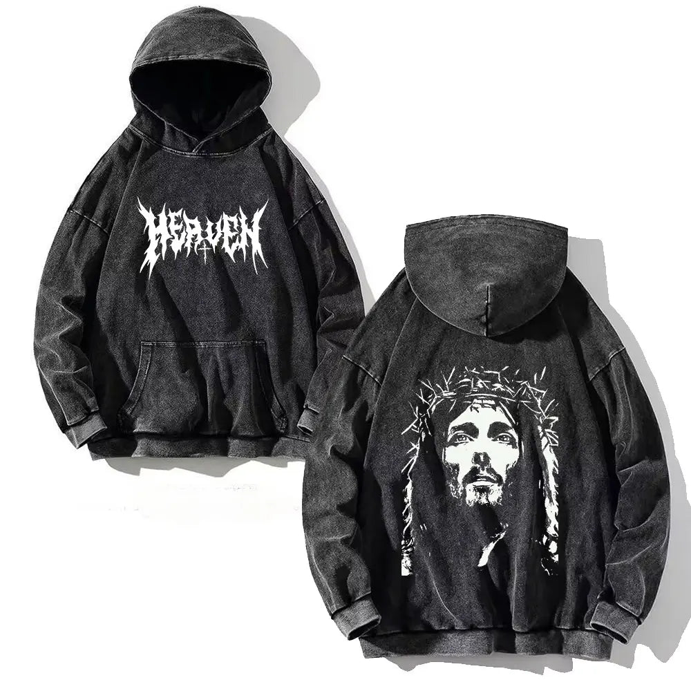 Y2K Washed Hoodies Vintage Cotton Women Men Skull Cross Print Hooded Sweatshirts Oversize Hip Hop Male Pullover Winter Clothes