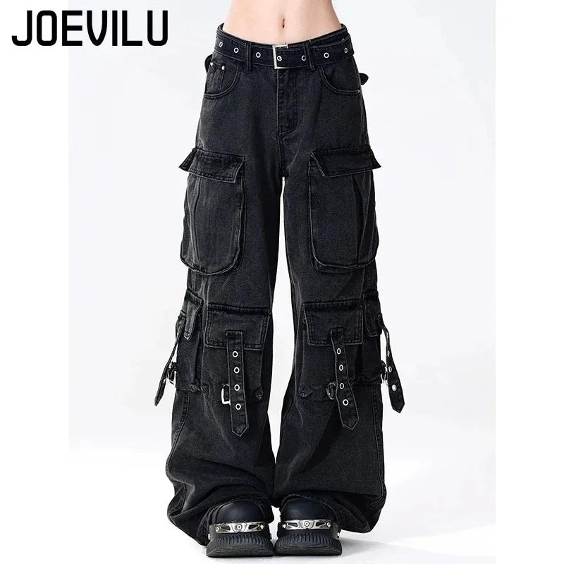 Y2K Black Cargo Pants for Women Straight Leg Jean Edgy Style Pocket Trousers Streetwear 2000s Aesthetic Grunge Pants Pantalones