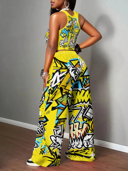 2026 Summer New Trend Y2K Graffiti Print Pants for Women - Casual Drawstring Wide Leg Trousers for Streetwear & Daily Wear