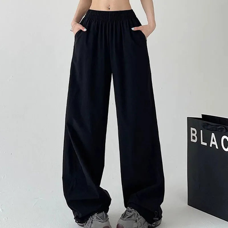 American Style Streetwear Y2K Cargo Pants Women Summer Breathable Baggy Quick Drying Sweatpants Solid Casual Wide Leg Trousers