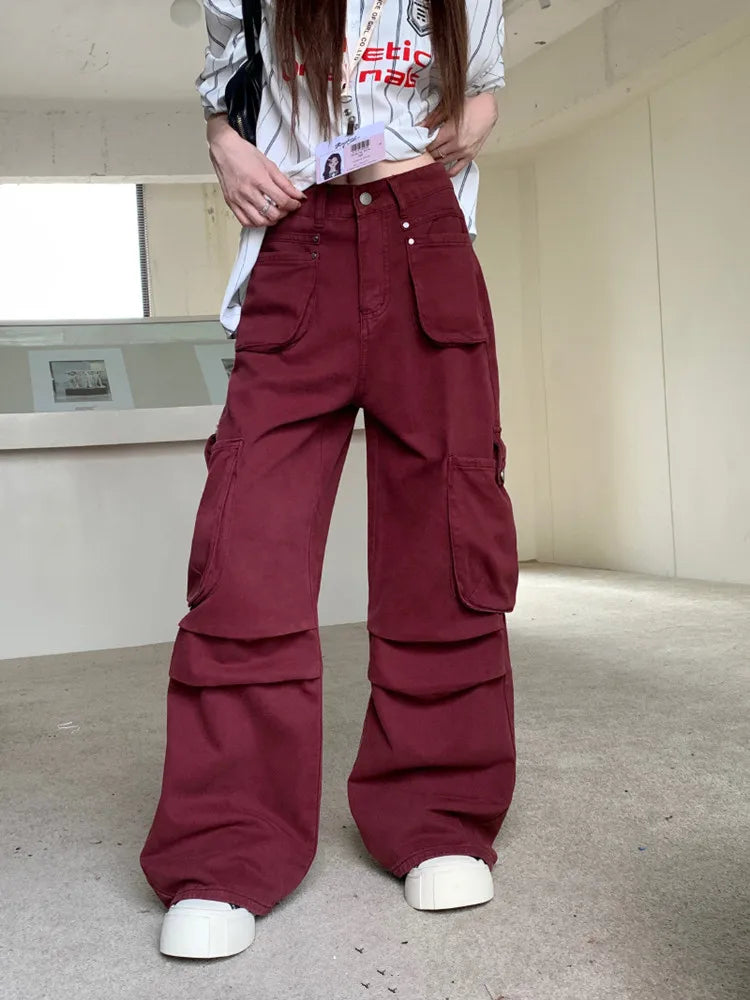 Wine Red Multi Pockets Baggy Jeans Pants For Women