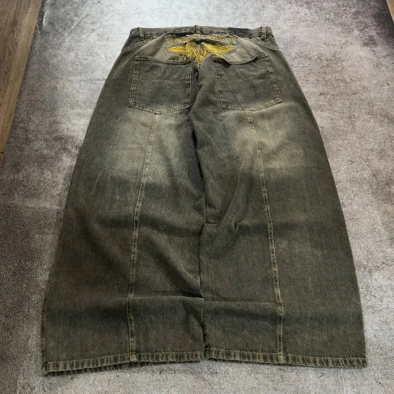 Y2K Vintage New Pattern Letters Embroidered Yellow Washed Jeans Women Rock Casual Joker Wide-leg High Waist Trousers