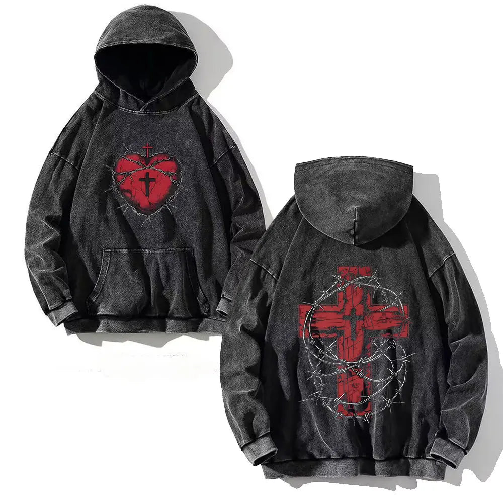 Y2K Washed Hoodies Vintage Cotton Women Men Skull Cross Print Hooded Sweatshirts Oversize Hip Hop Male Pullover Winter Clothes