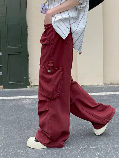 Wine Red Multi Pockets Baggy Jeans Pants For Women